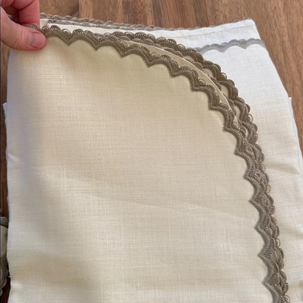 Vintage Linen Tablecloth & 8 Napkins Set Scalloped Crochet Trim Ivory